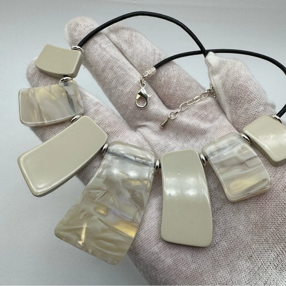 Cream Glow Acrylic Resin Statement Necklace Geometric Modern Bib Bold